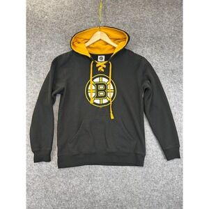 NHL Boston Bruins Hoodie Mens Medium Black Yellow Lace Up Hockey Sweatshirt